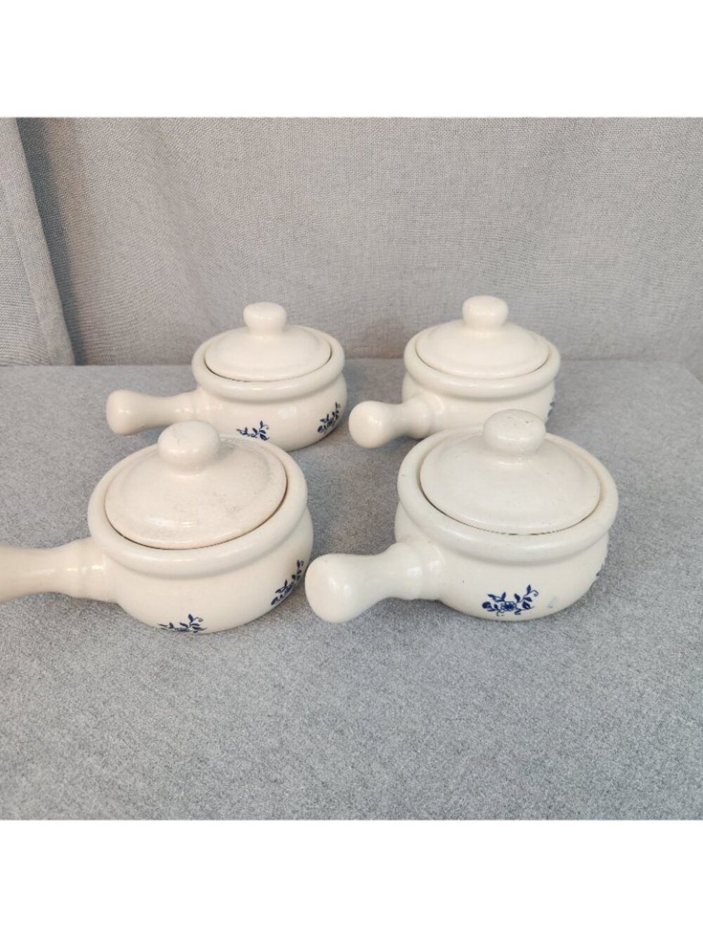 Vintage Glazed Stoneware Lot 4 Handle Crocks Beige Blue Floral French Onion USED - Picture 5 of 9